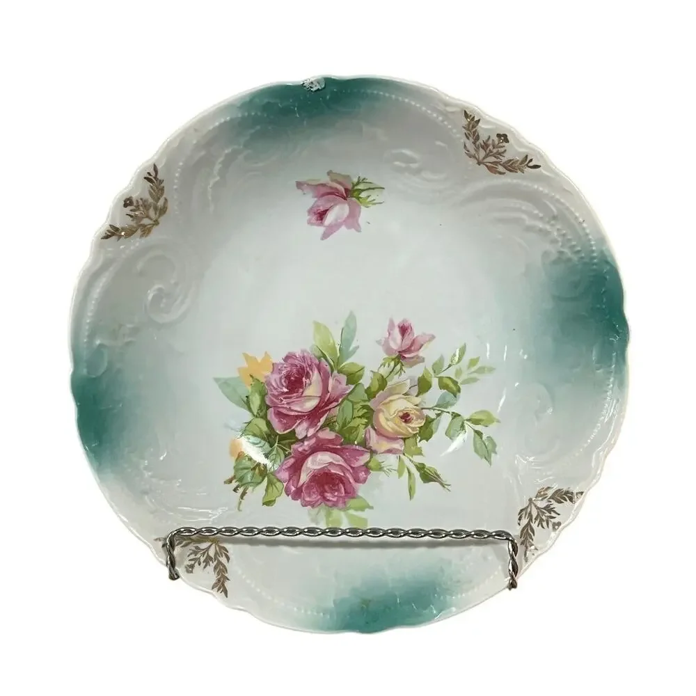 Vintage‎ Floral Serving Bowl 9” Pink Roses Gold Trim Cottagecore